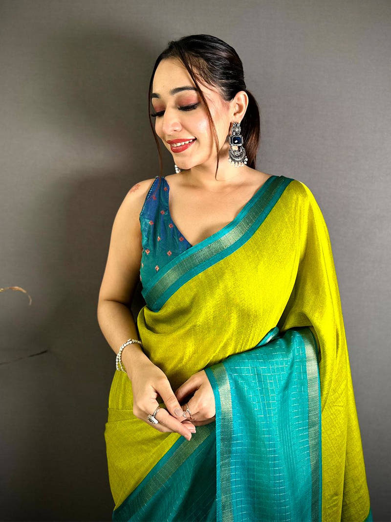 Lime Soft Kota Crepe Contrast Border Saree