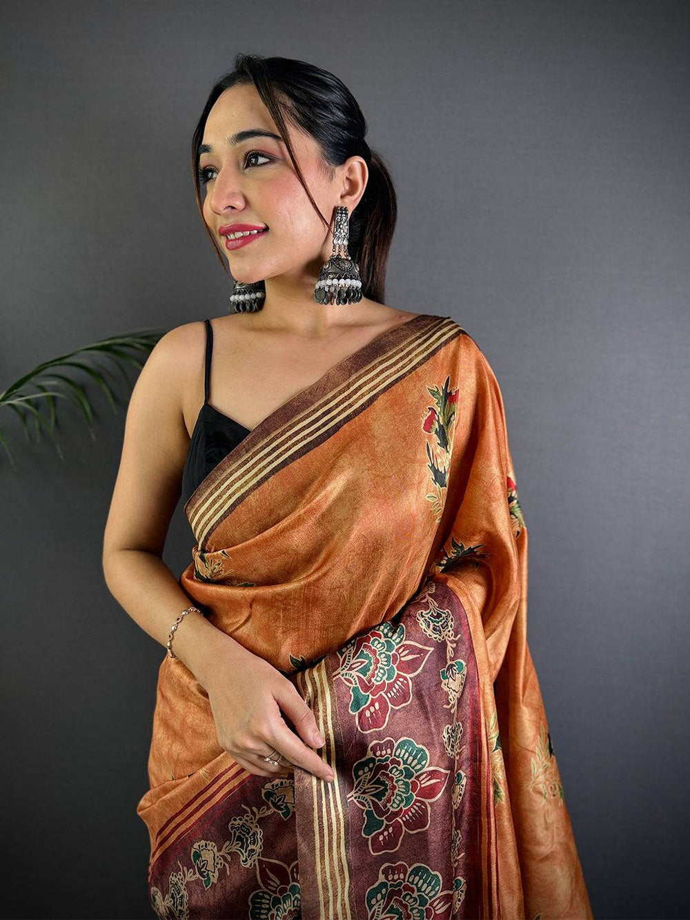 Rust Soft Dola Silk Printed Saree