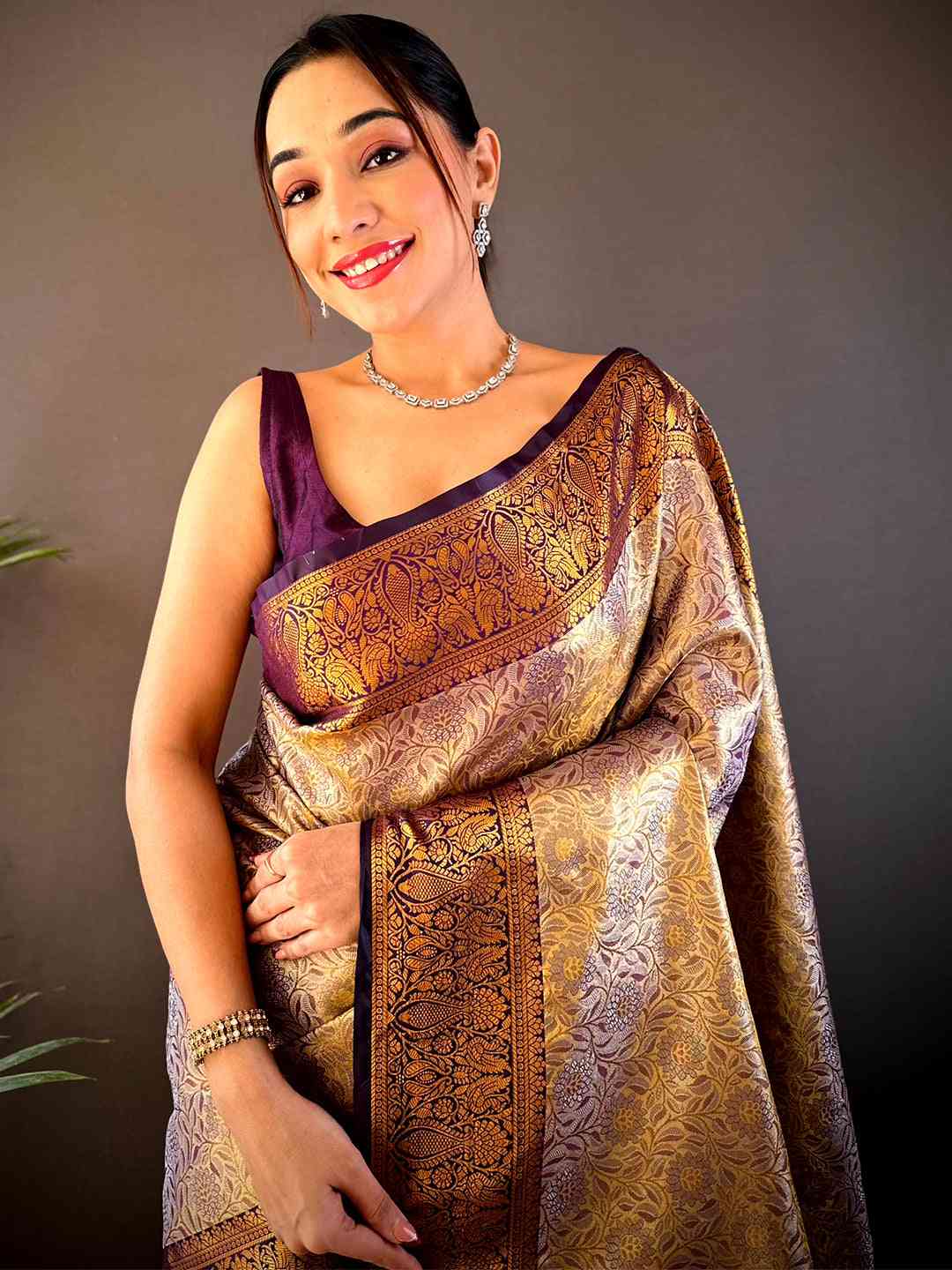 Gold Zari Floral Saree in Black