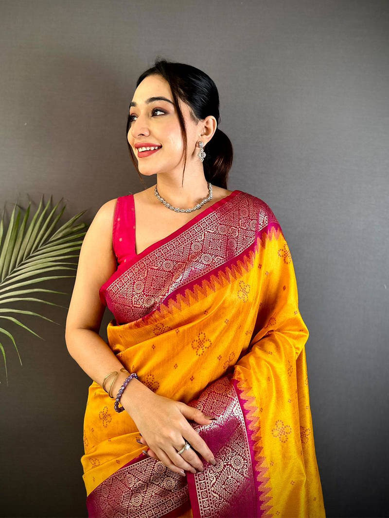 Yellow Crystal Raw Silk Kanchi Pattu Saree

