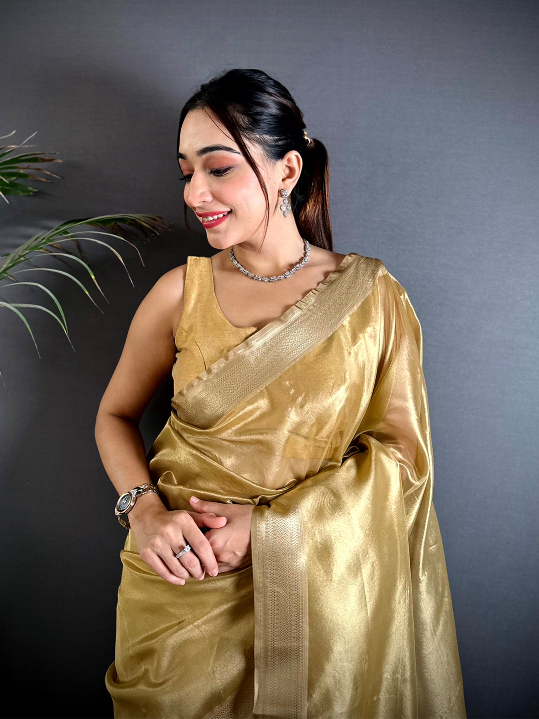 Radiant Brown Gold Zari Tissue Saree