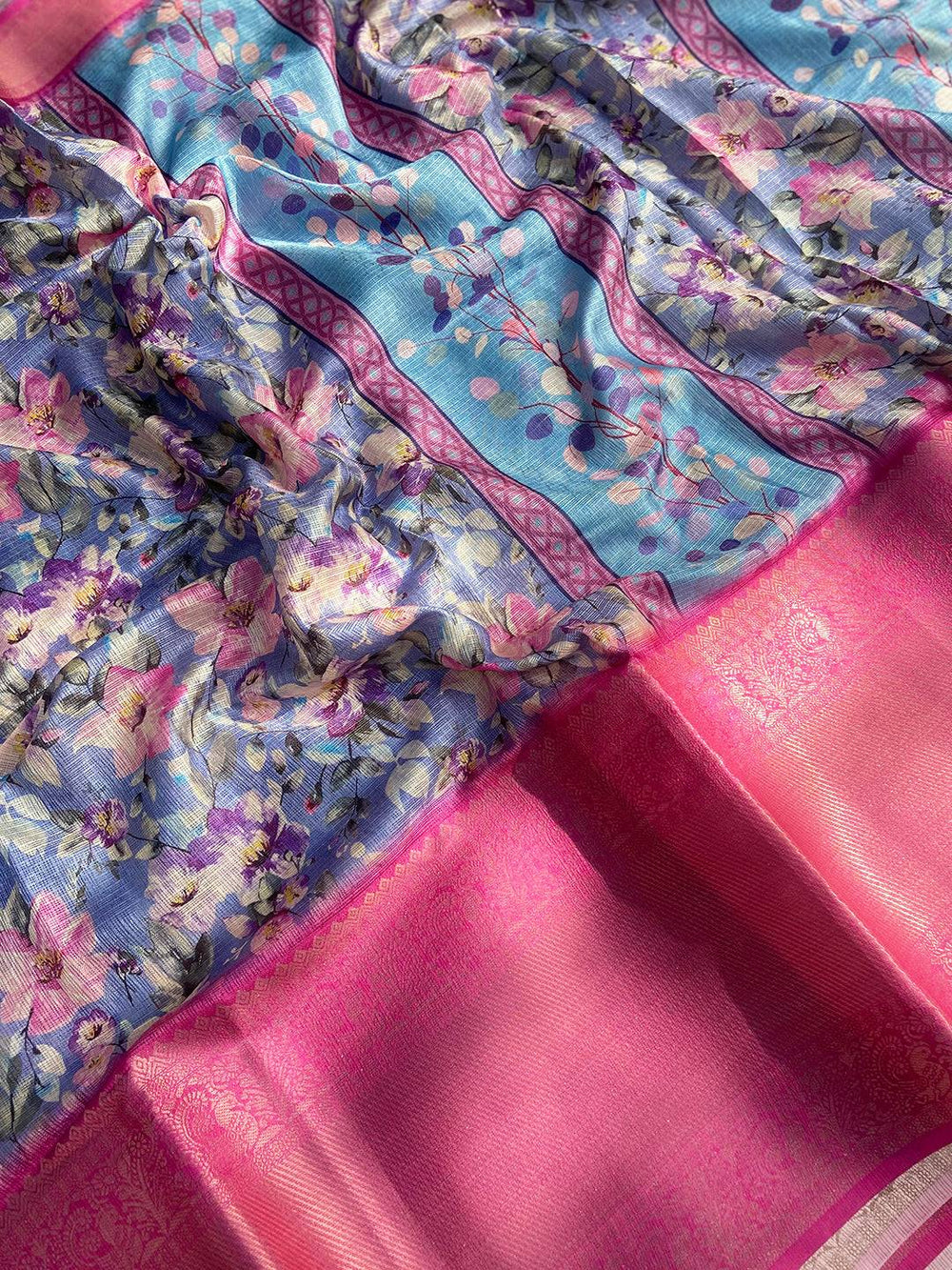 Detailed view of Blue Kota Doriya saree with pink Kanjivaram border
