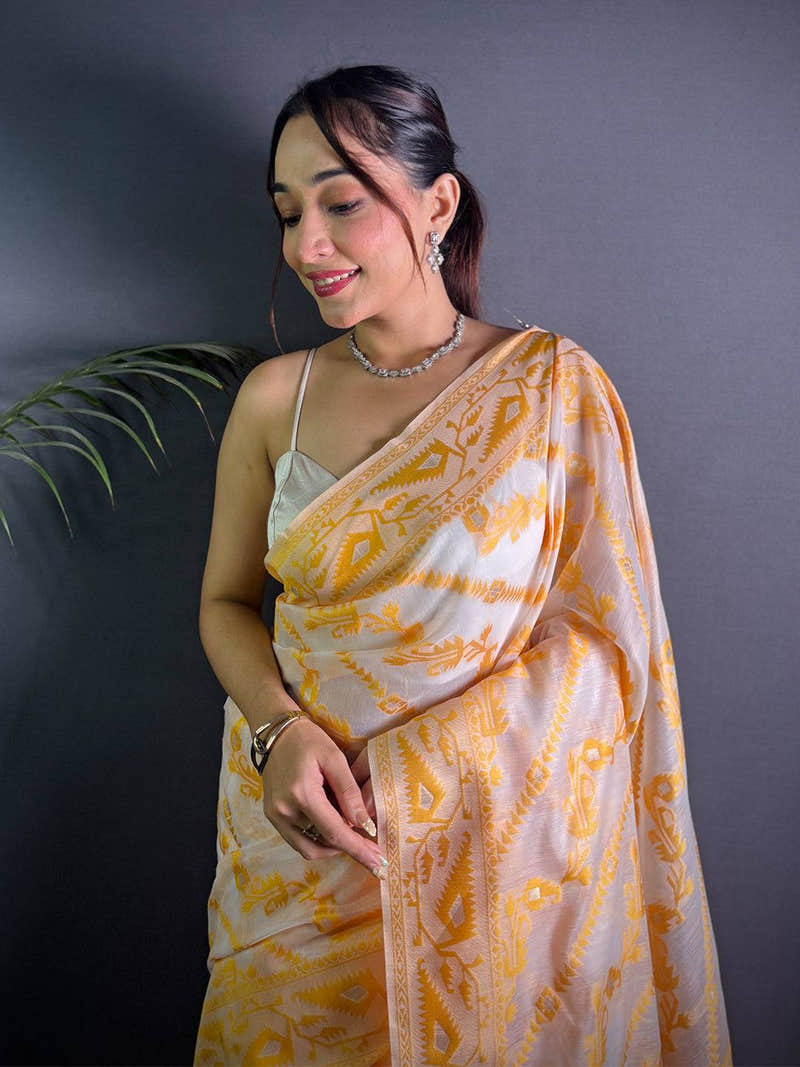 Ethereal Yellow Dhakai Jamdani Silk Saree