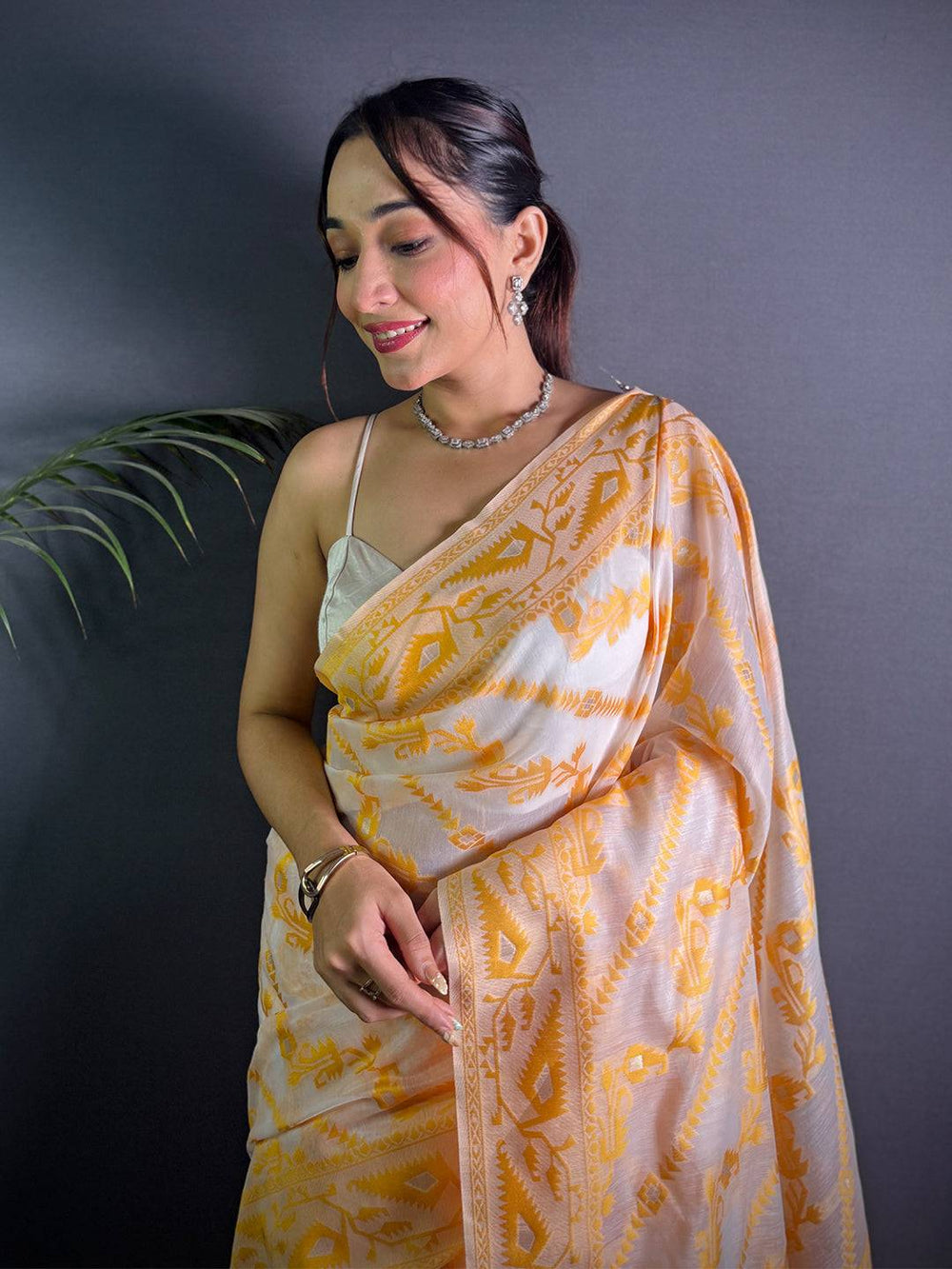 Ethereal Yellow Dhakai Jamdani Silk Saree