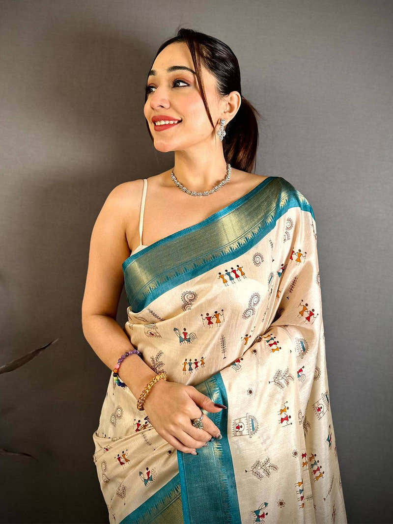 Rama Soft Dola Silk Warli Print Saree