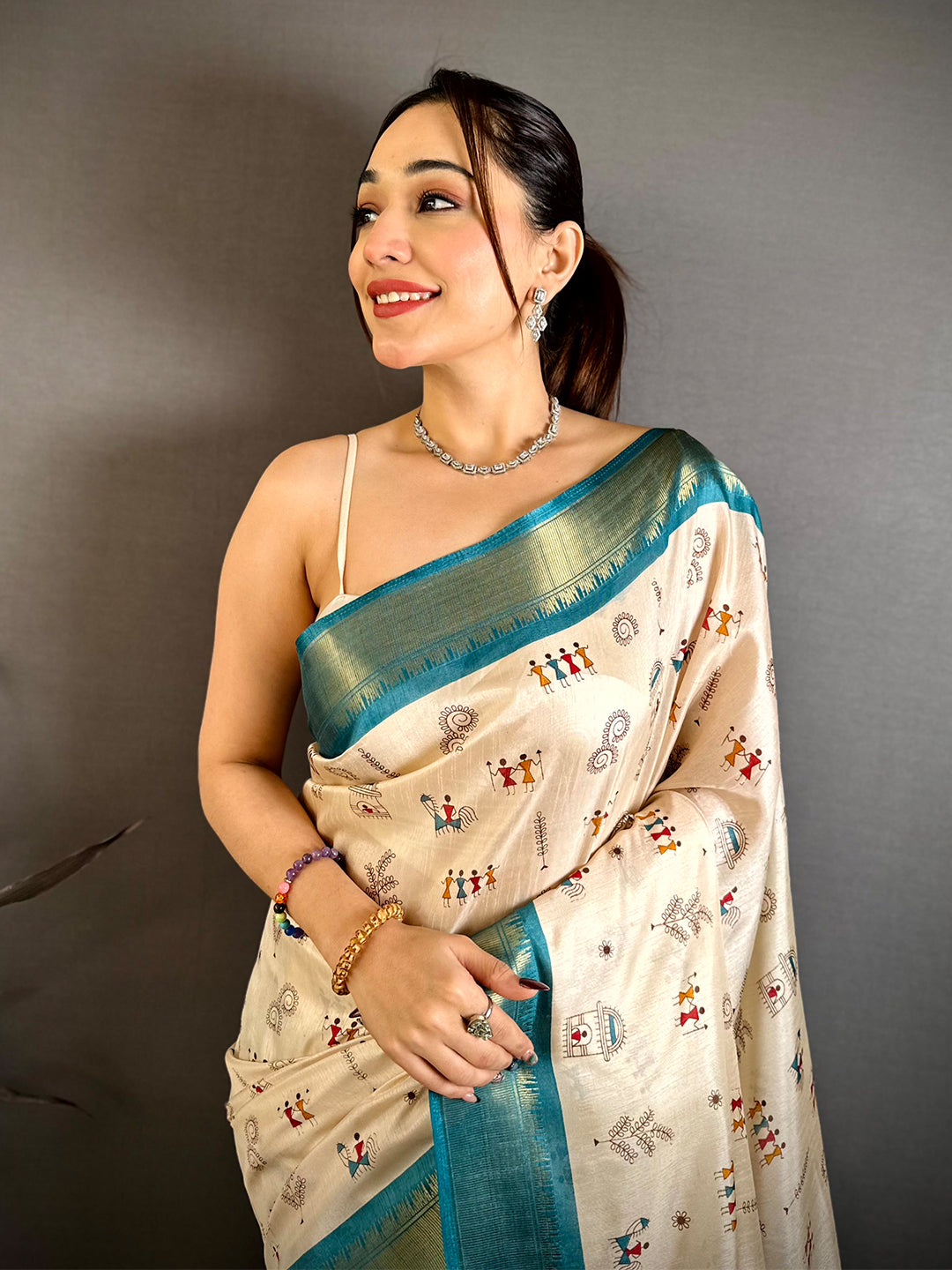 Rama Soft Dola Silk Warli Print Saree