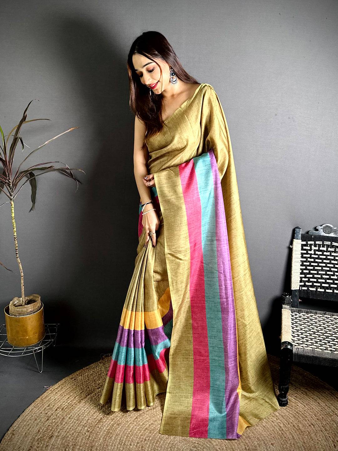 Classic Ghicha Stripe Digital Tussar Saree