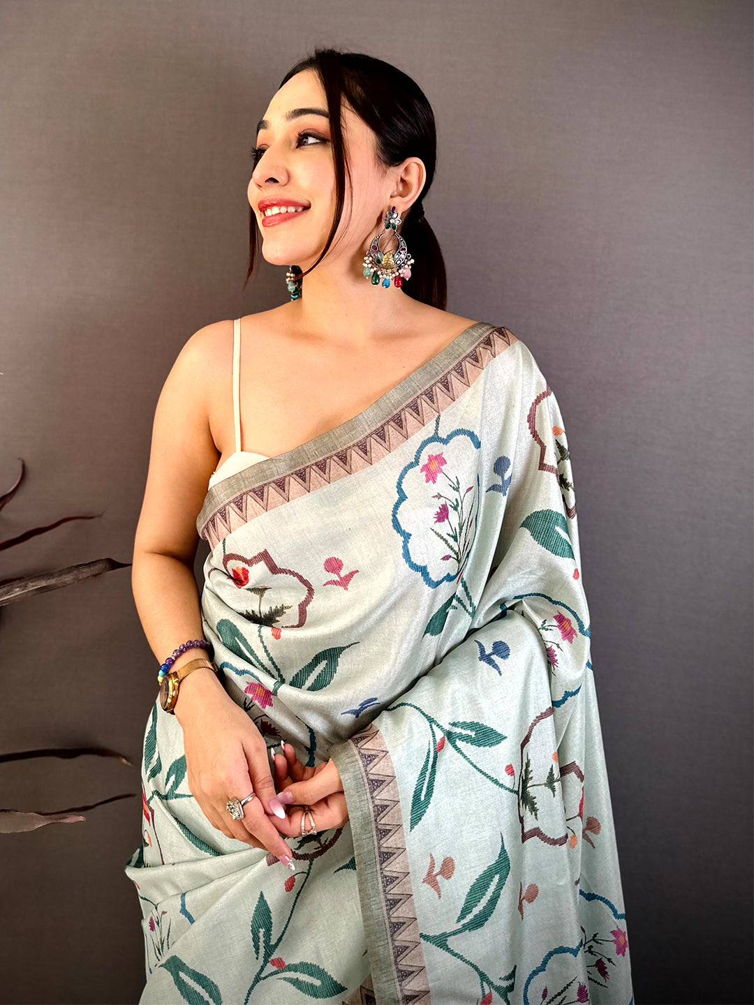 Mint Green Floral Soft Tussar Saree