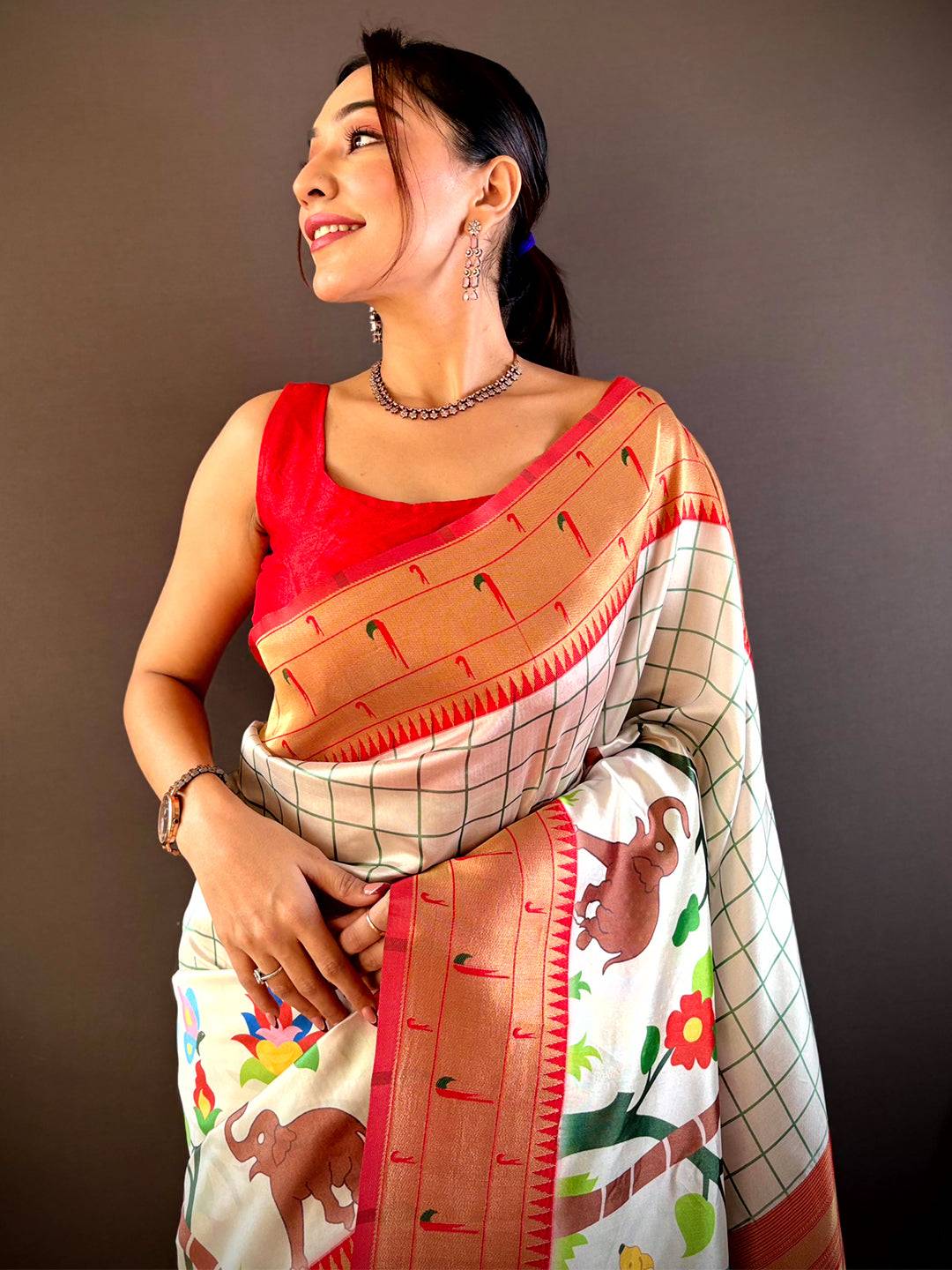White Minakari Soft Silk Check Print Saree