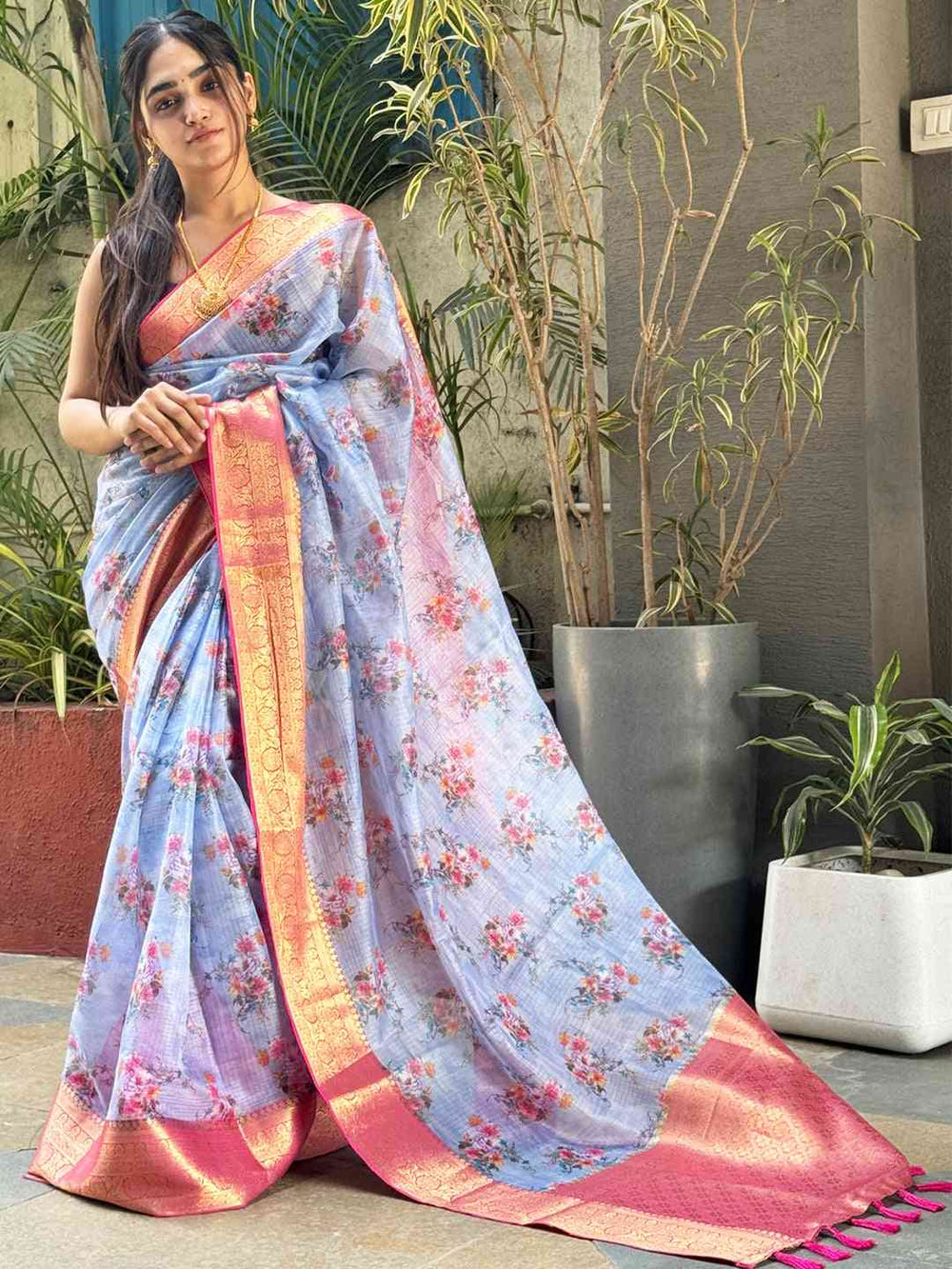 Elegant digital floral print Kota silk saree in light purple