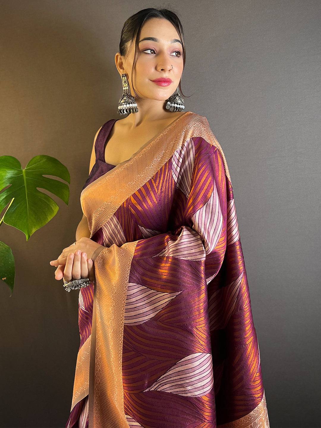 Cherry Tussar Silk Zari Weaving Ikkat Saree

