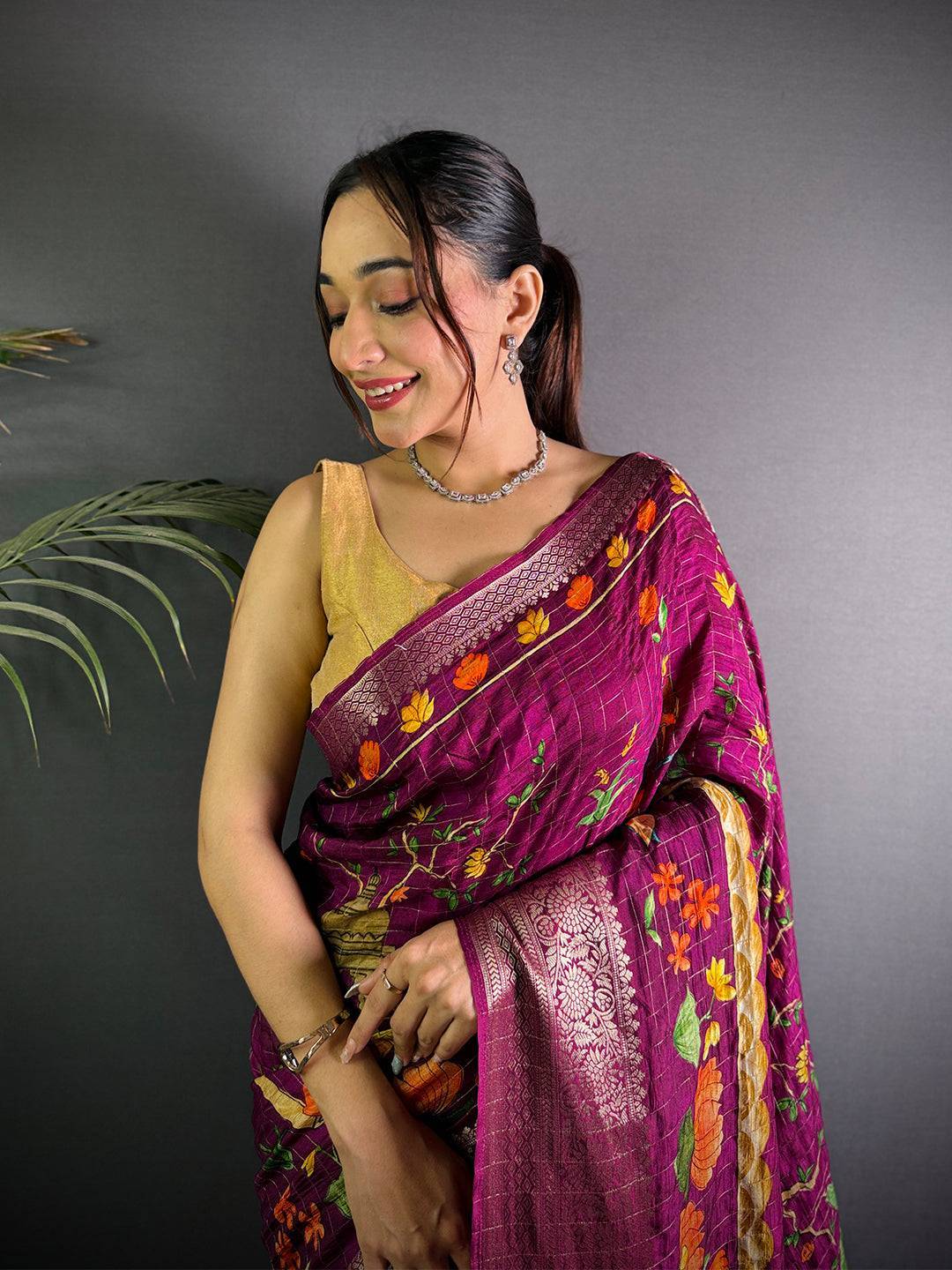 Deep Purple Pure Viscose Kalalmkari Print Saree

