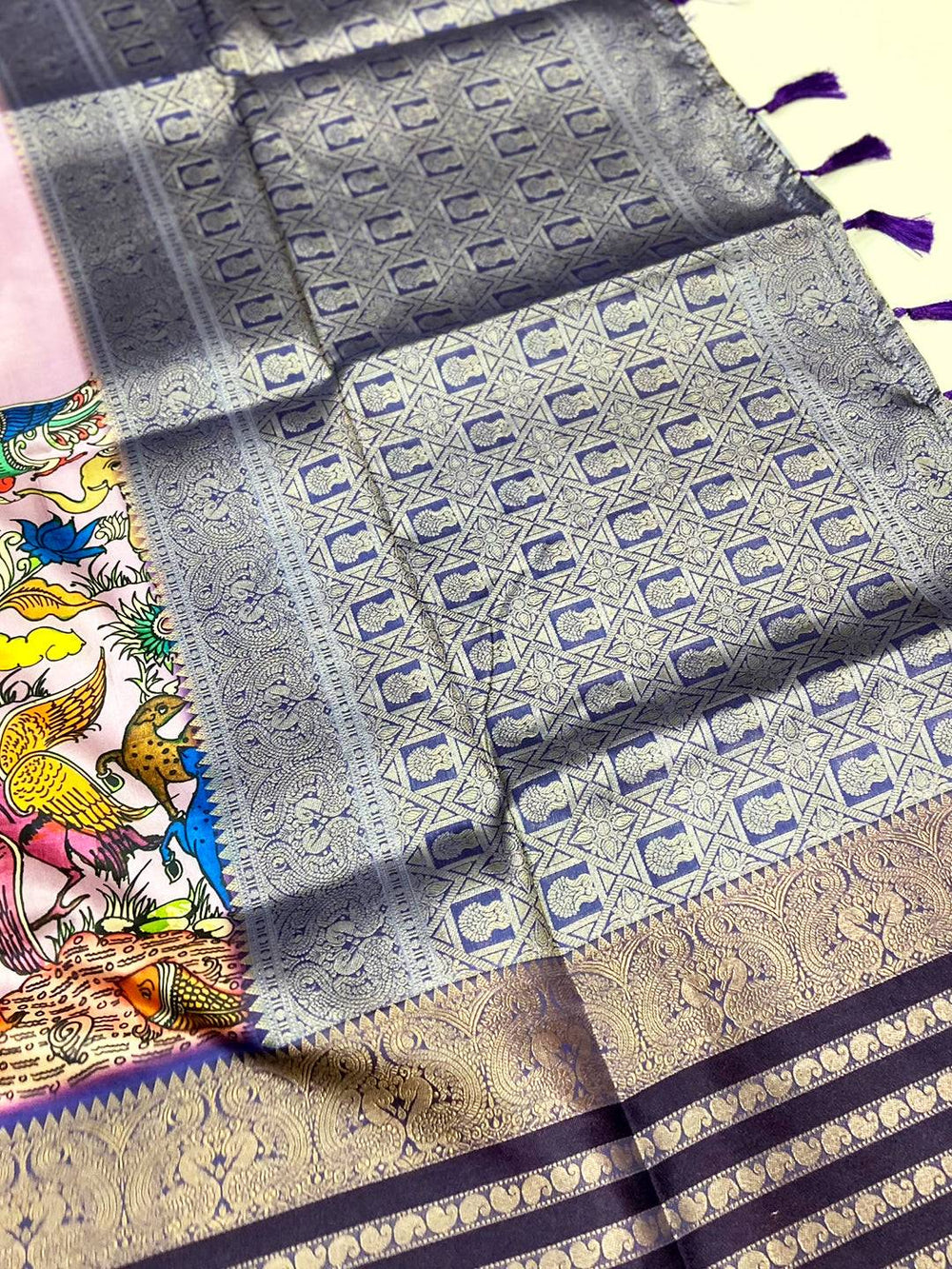 Lavender Kalamkari Banarasi Silk Saree