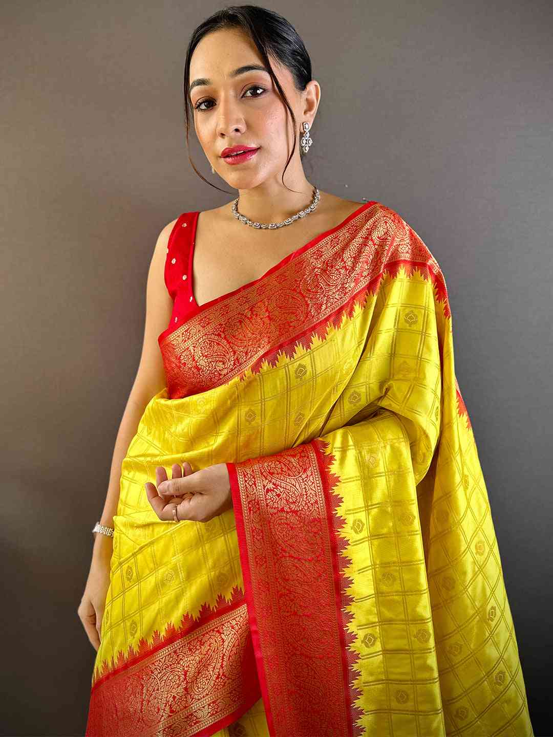 Model wearing Sunshine Yellow Kovai Banarasi Silk Saree