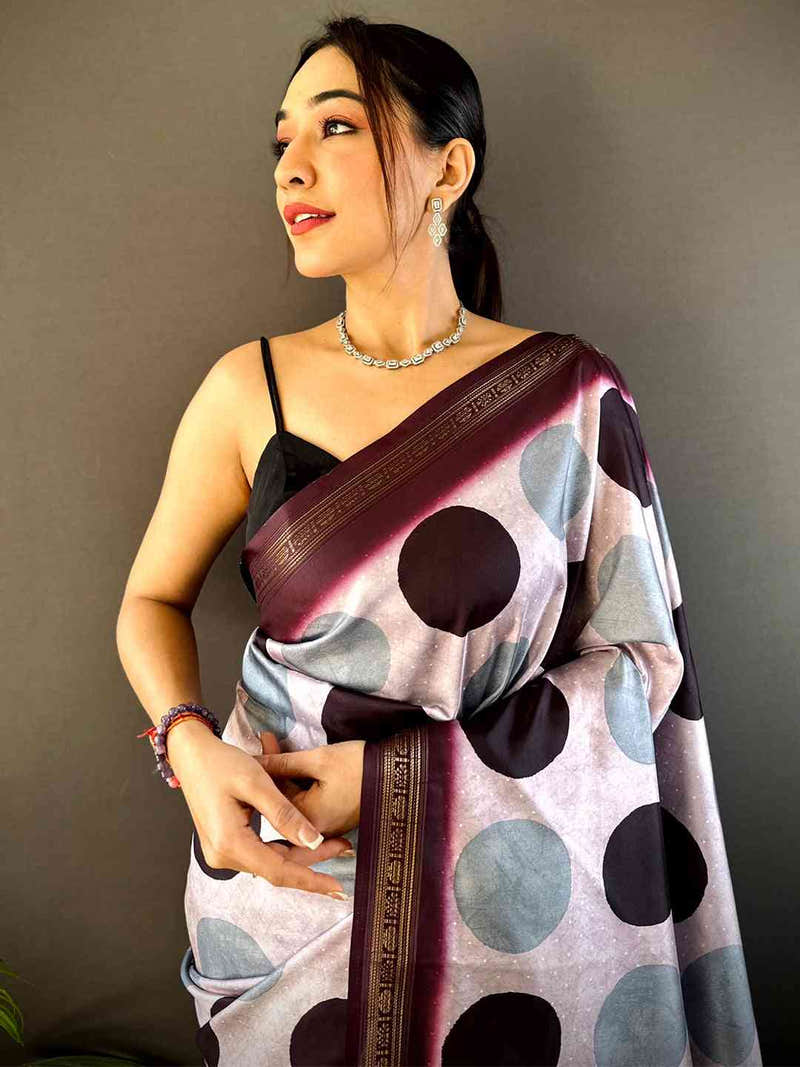 Lavender Soft Silk Polka Dot Print Saree