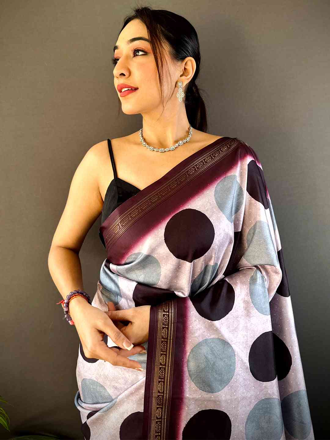 Lavender Soft Silk Polka Dot Print Saree