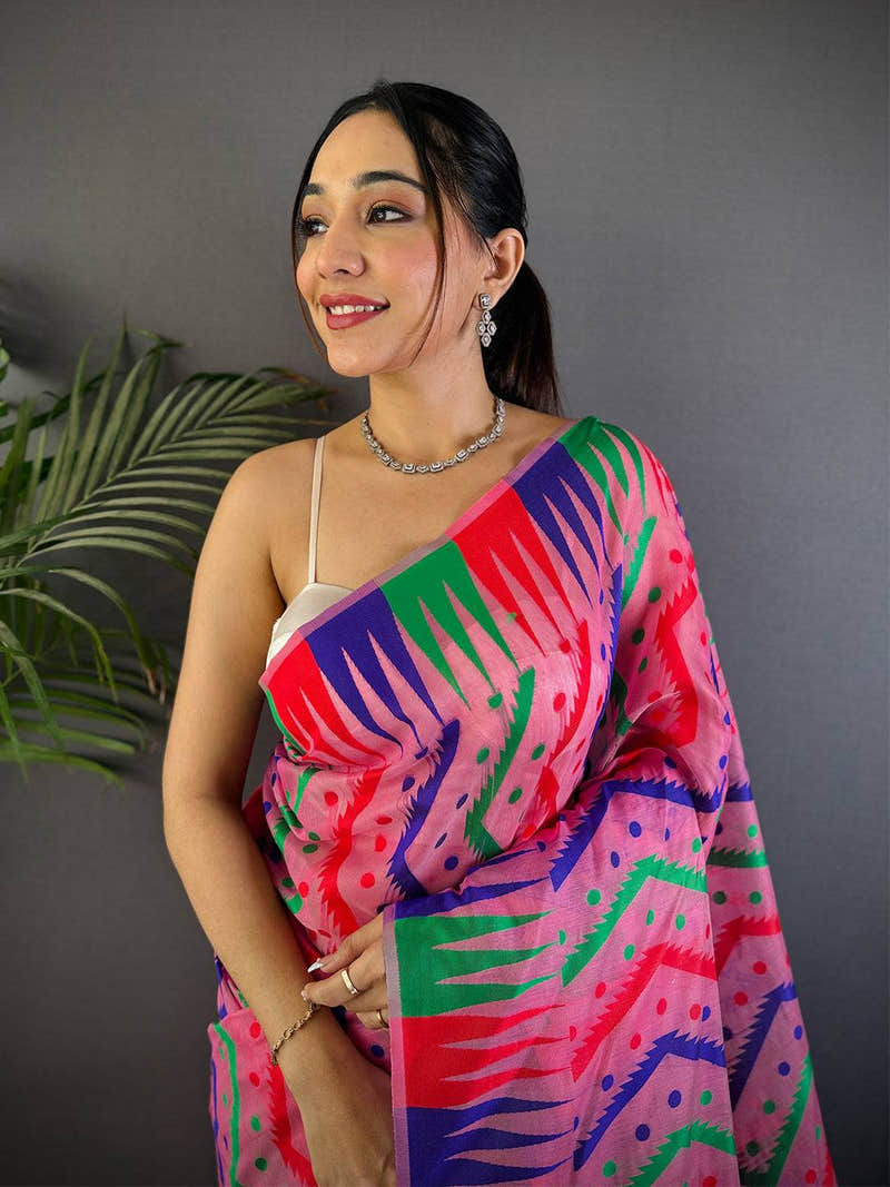 Bright Pink Dhakai Cotton Jamdani Saree