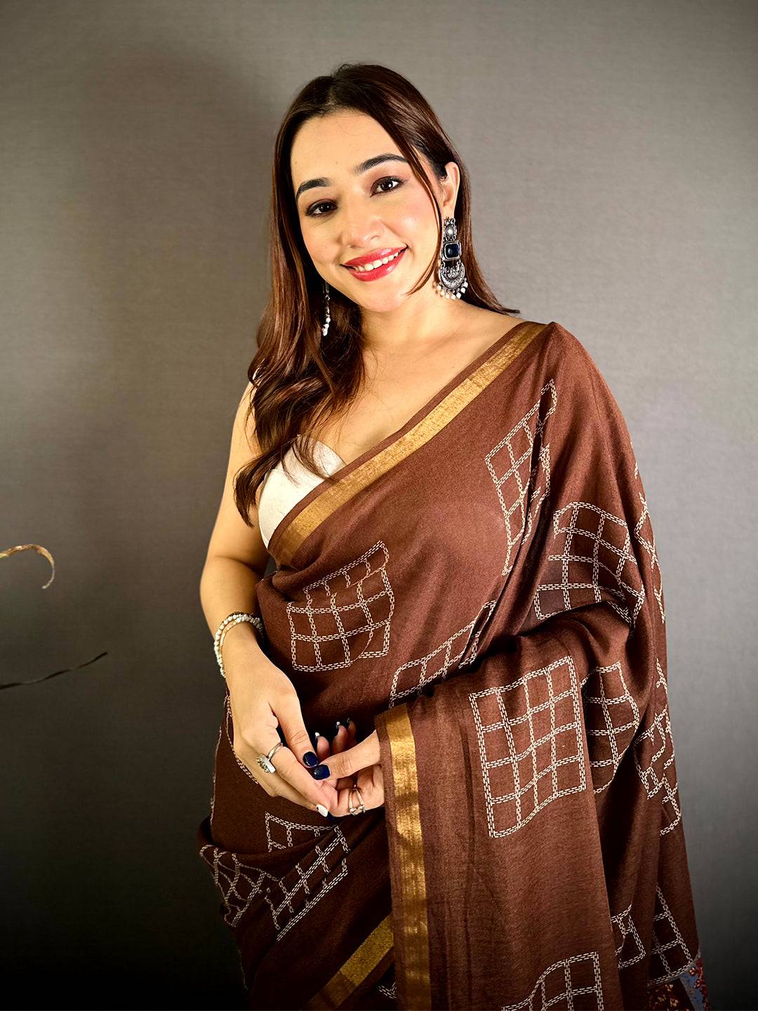 Brown Mul Cotton Kalamkari Print Pallu Saree