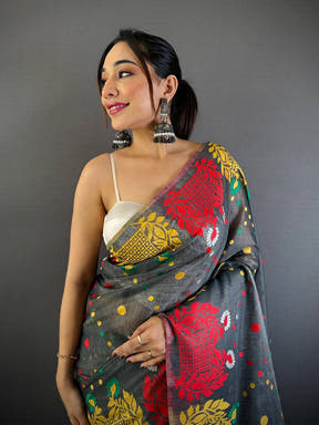 Grey Dhakai Jamdani Cotton Silk Saree