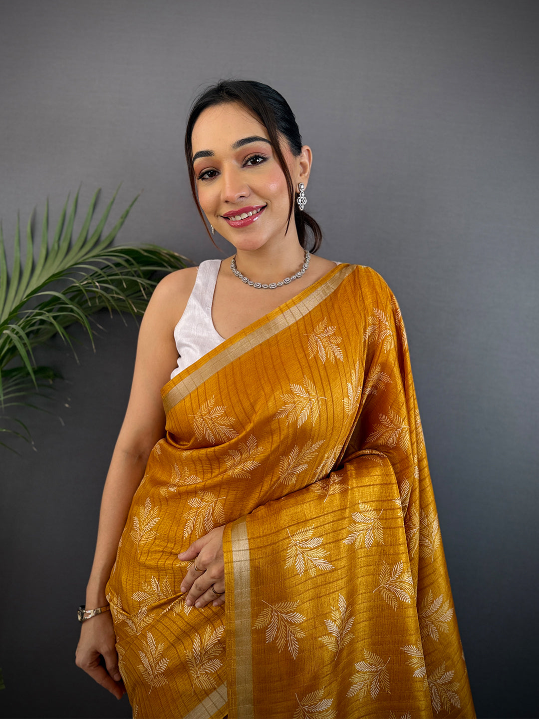 Mustard Leaf Print Ghicha Handloom Saree