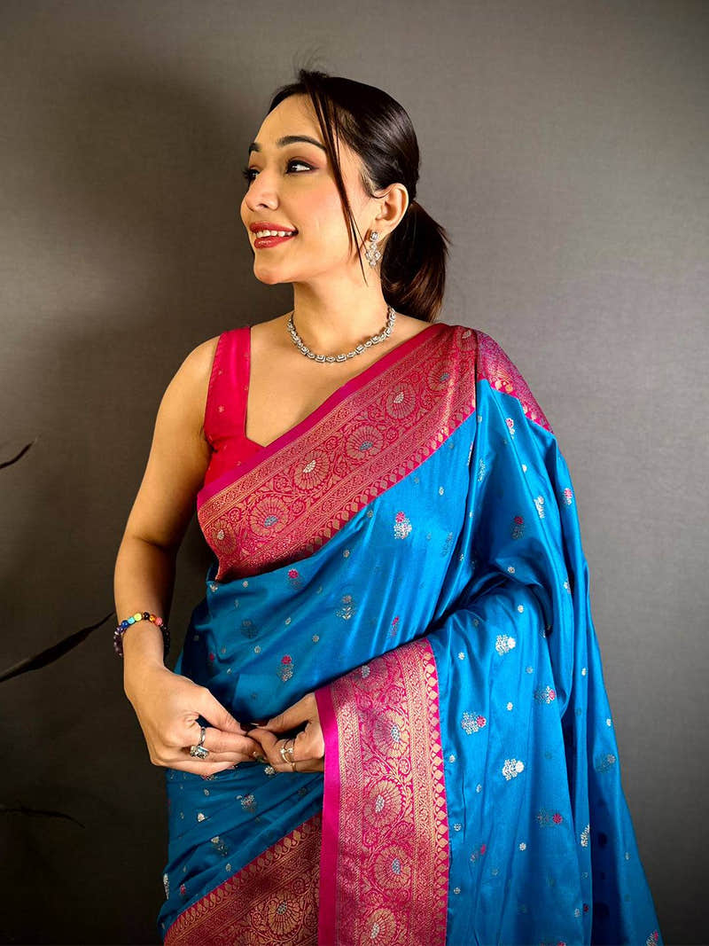 Sky Blue Minakari Butti Zari Tissue Saree