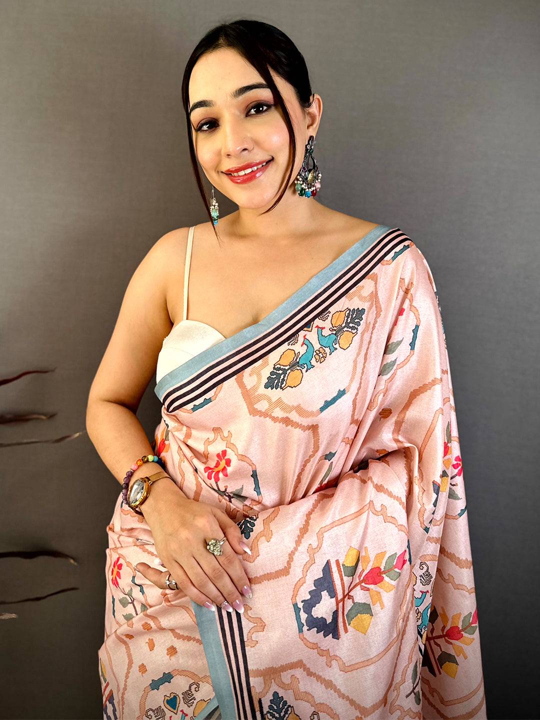 Classic Kalamkari Geometric Tussar Saree