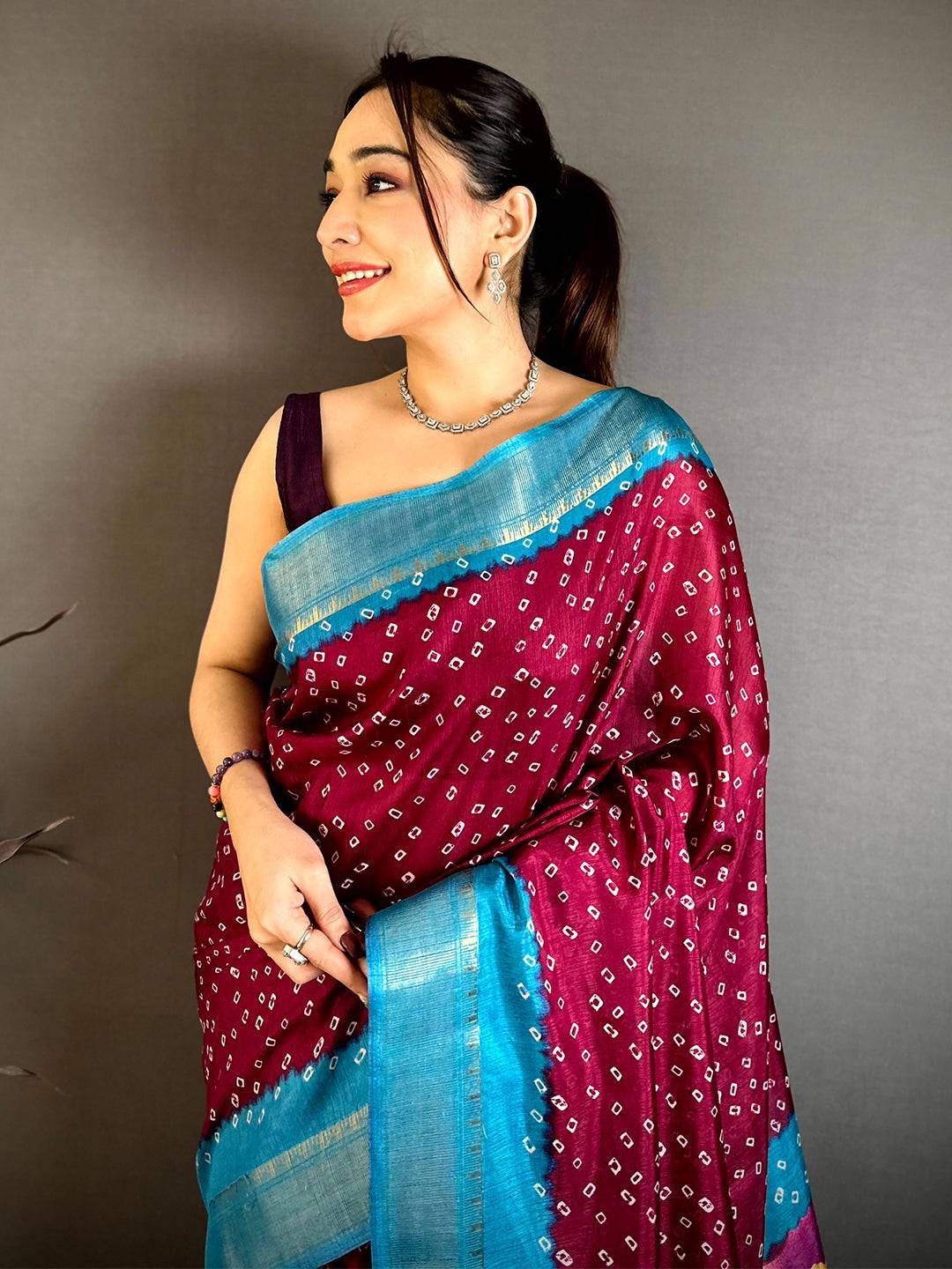 Maroon Bandhej Fusion Dola Print Saree