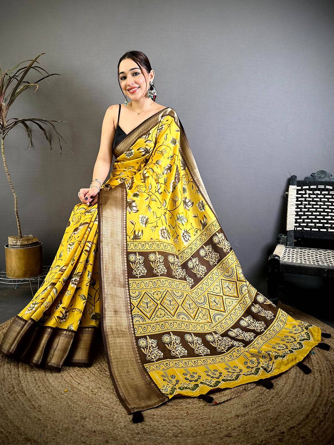 Mustard Soft Dola Silk Floral Kanchi Border Saree