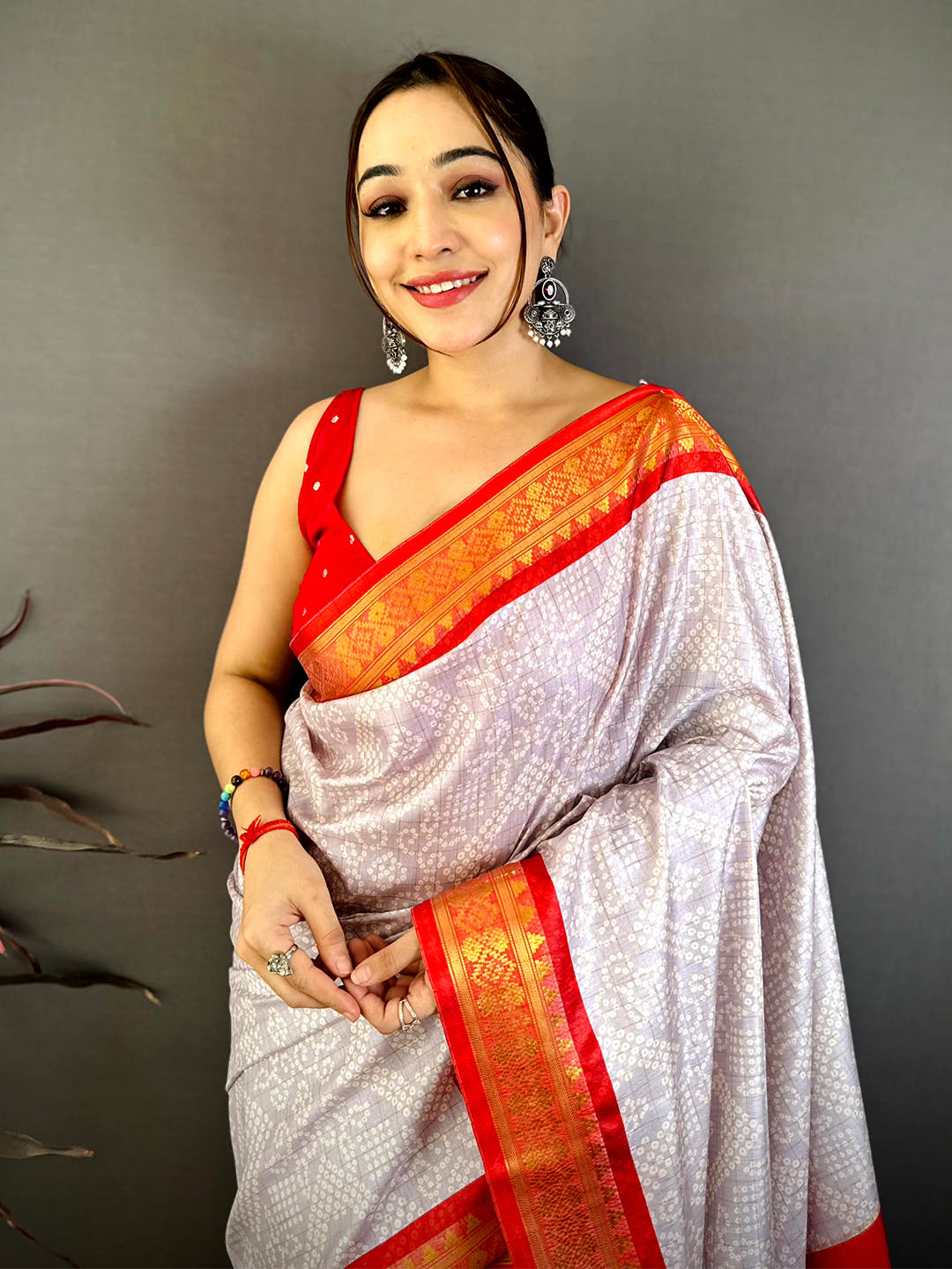 Grey Colour Soft Silk Bandhej Print Saree
