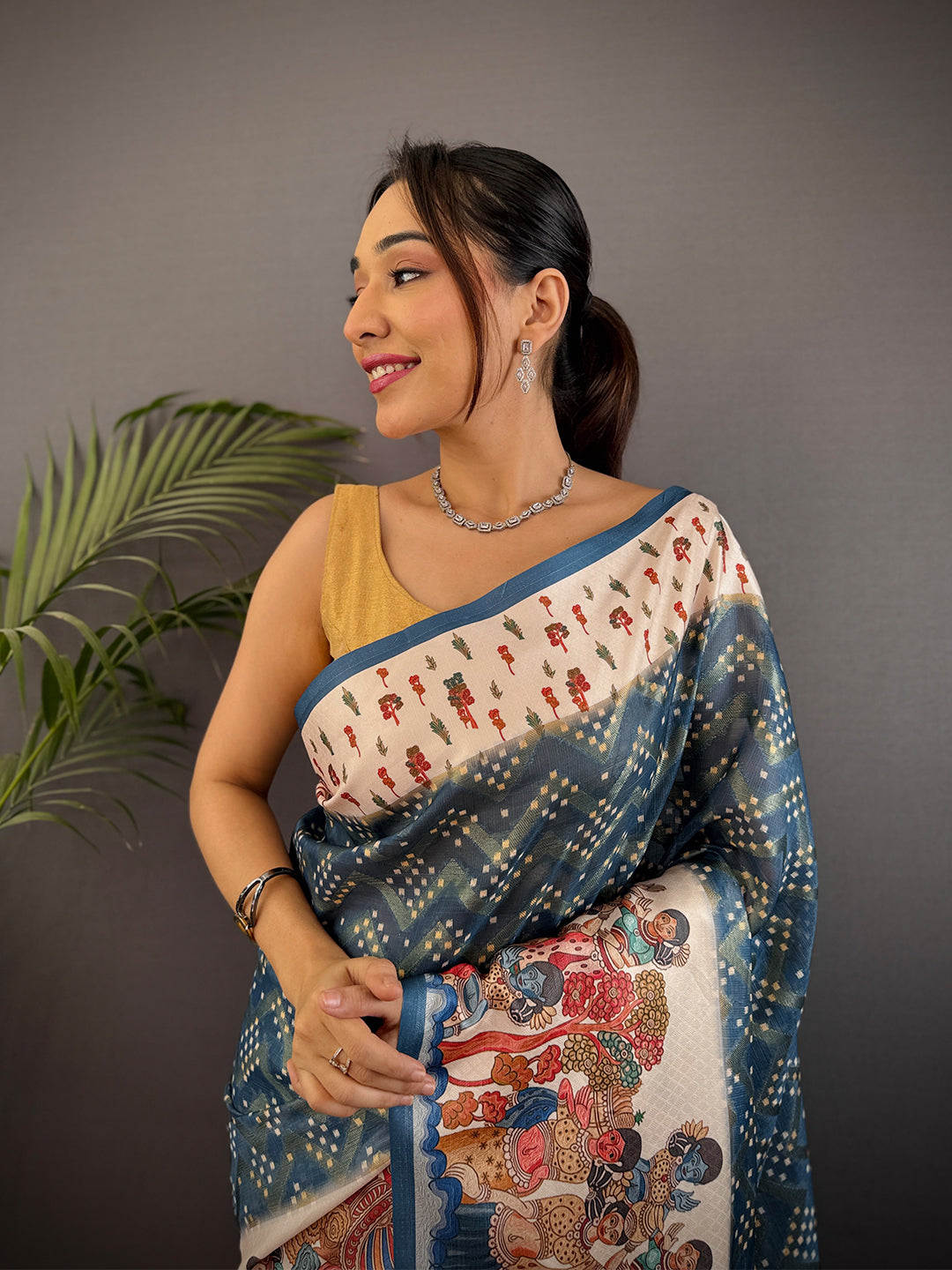 Teal Madhubani Print Soft Silk Sare