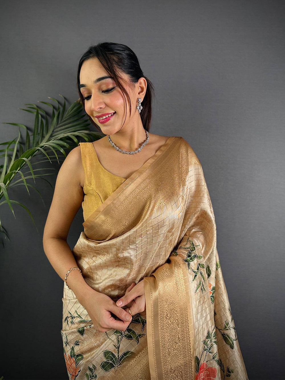 Cream Banarasi Silk Digital Printed Saree