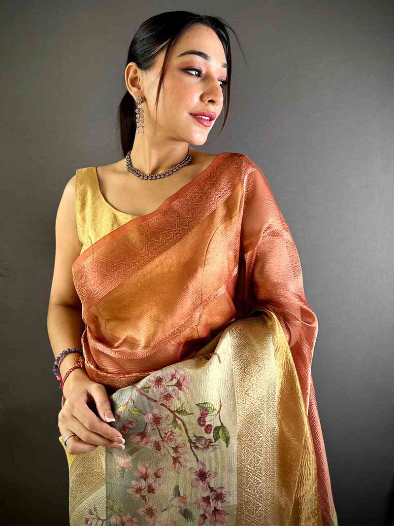 Red Ombre Zari Tissue Digital Print Saree
