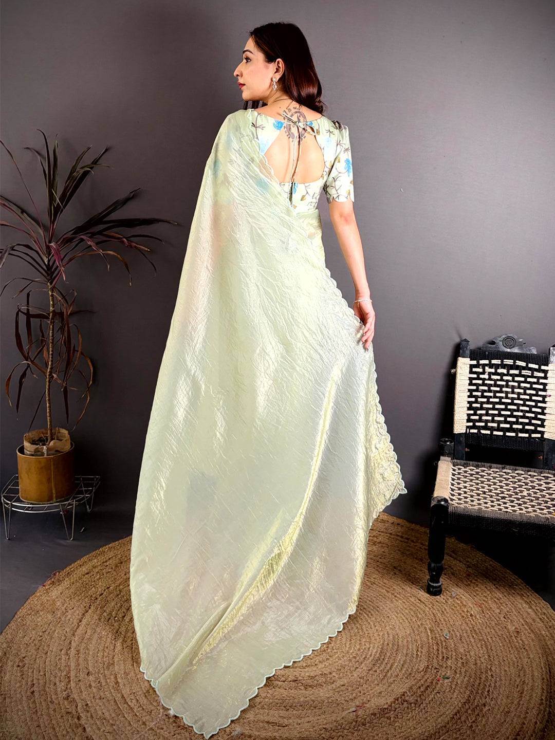 Lemon Yellow Bariq Cutwork Crash Silk Saree