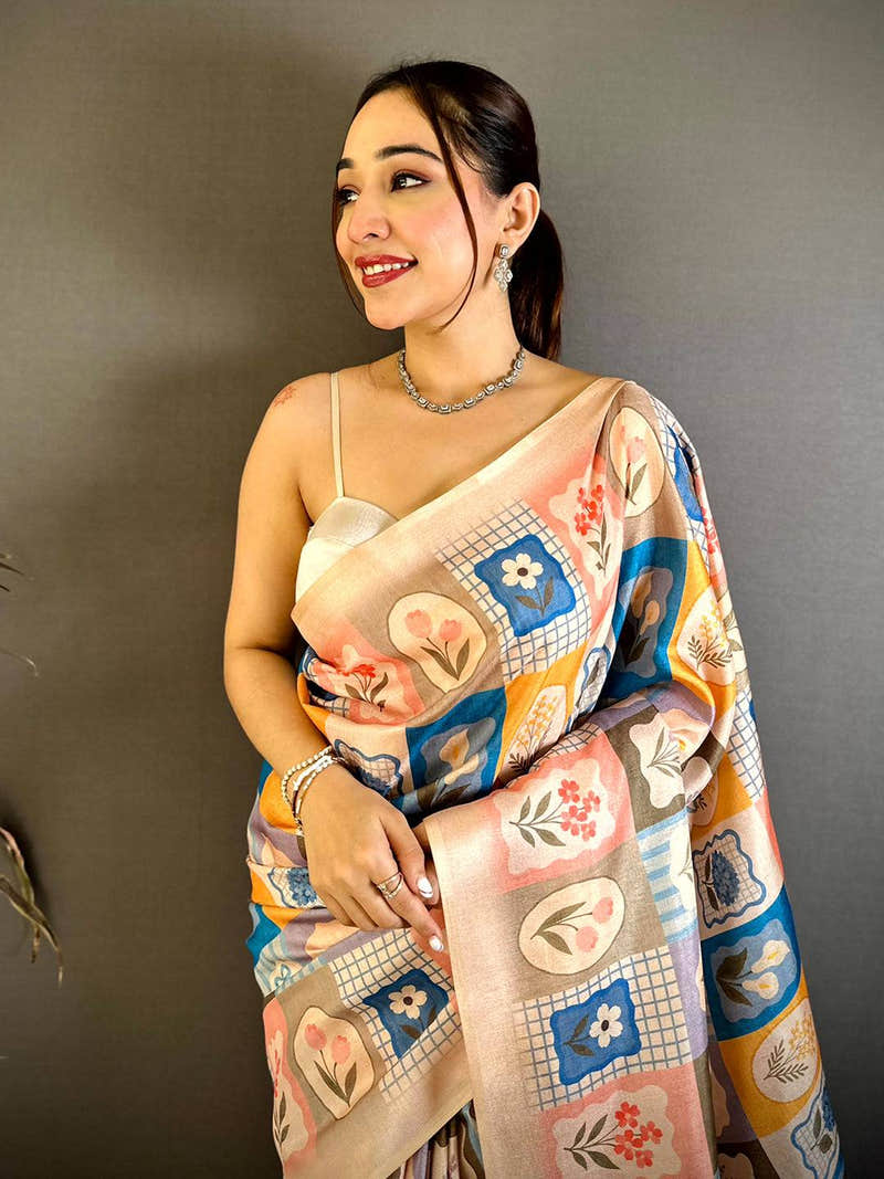 Tussar Multicolour Patchwork Grid Saree