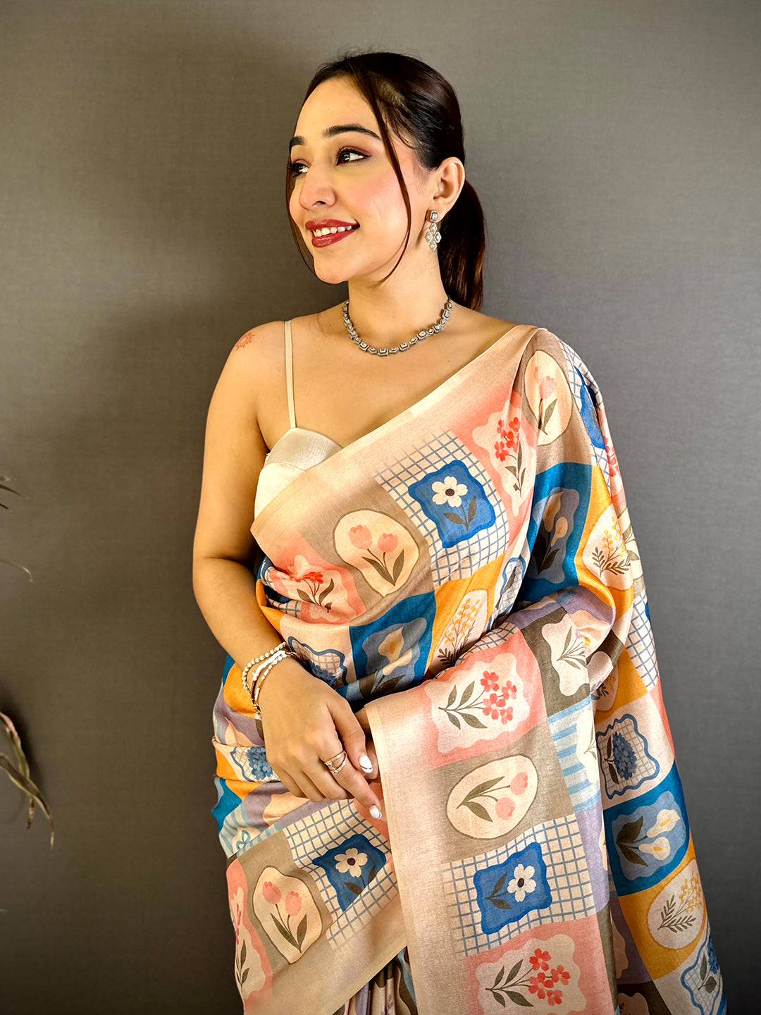 Tussar Multicolour Patchwork Grid Saree
