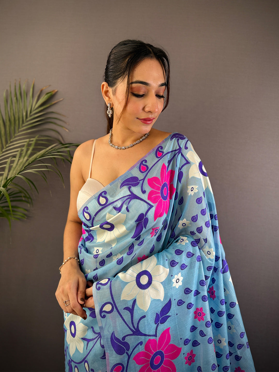 Radiant Sky Blue Dhakai Jamdani Cotton Silk Saree