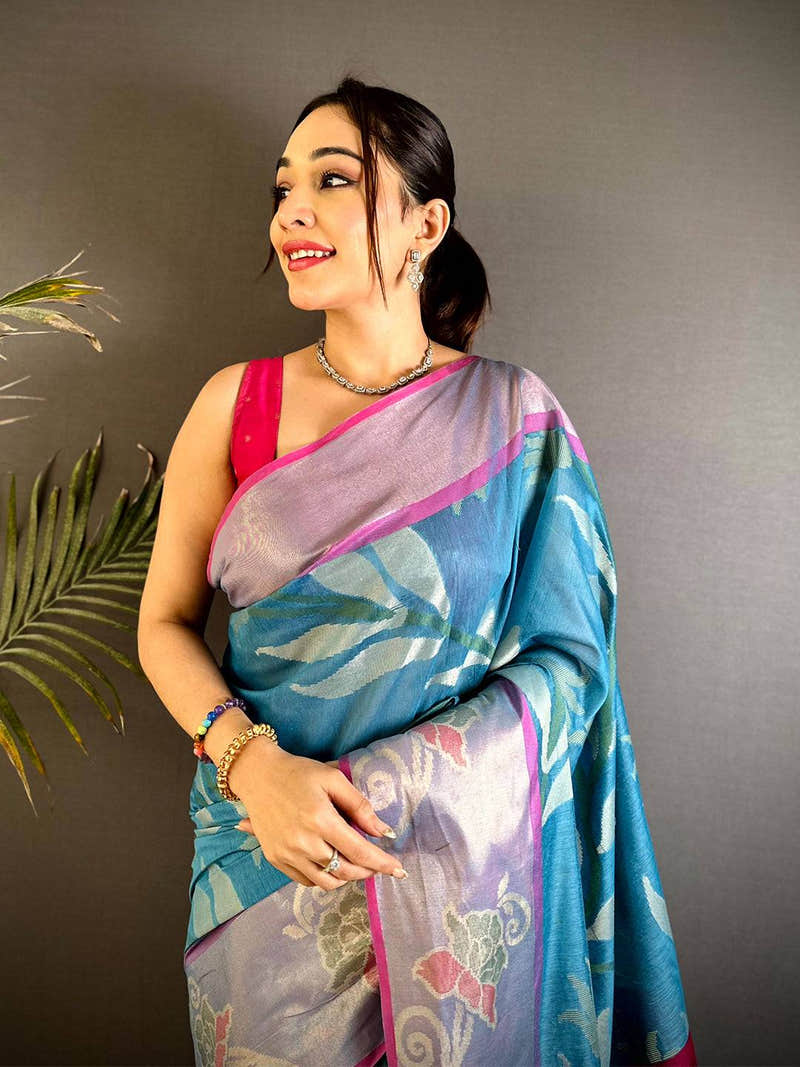 Turquoise Blue Soft Chanderi Pochampally Ikkat Saree