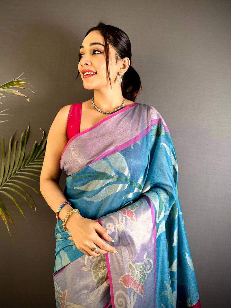 Turquoise Blue Soft Chanderi Pochampally Ikkat Saree