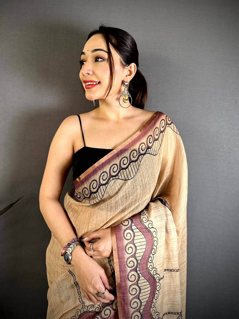 Classic Freehand Kalamkari Linen Saree