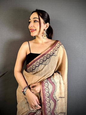 Classic Freehand Kalamkari Linen Saree