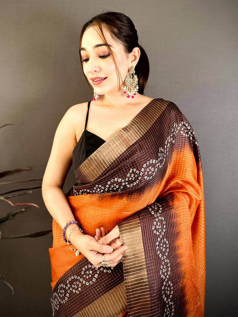 Dusty Orange Tussar Zari Chex Saree