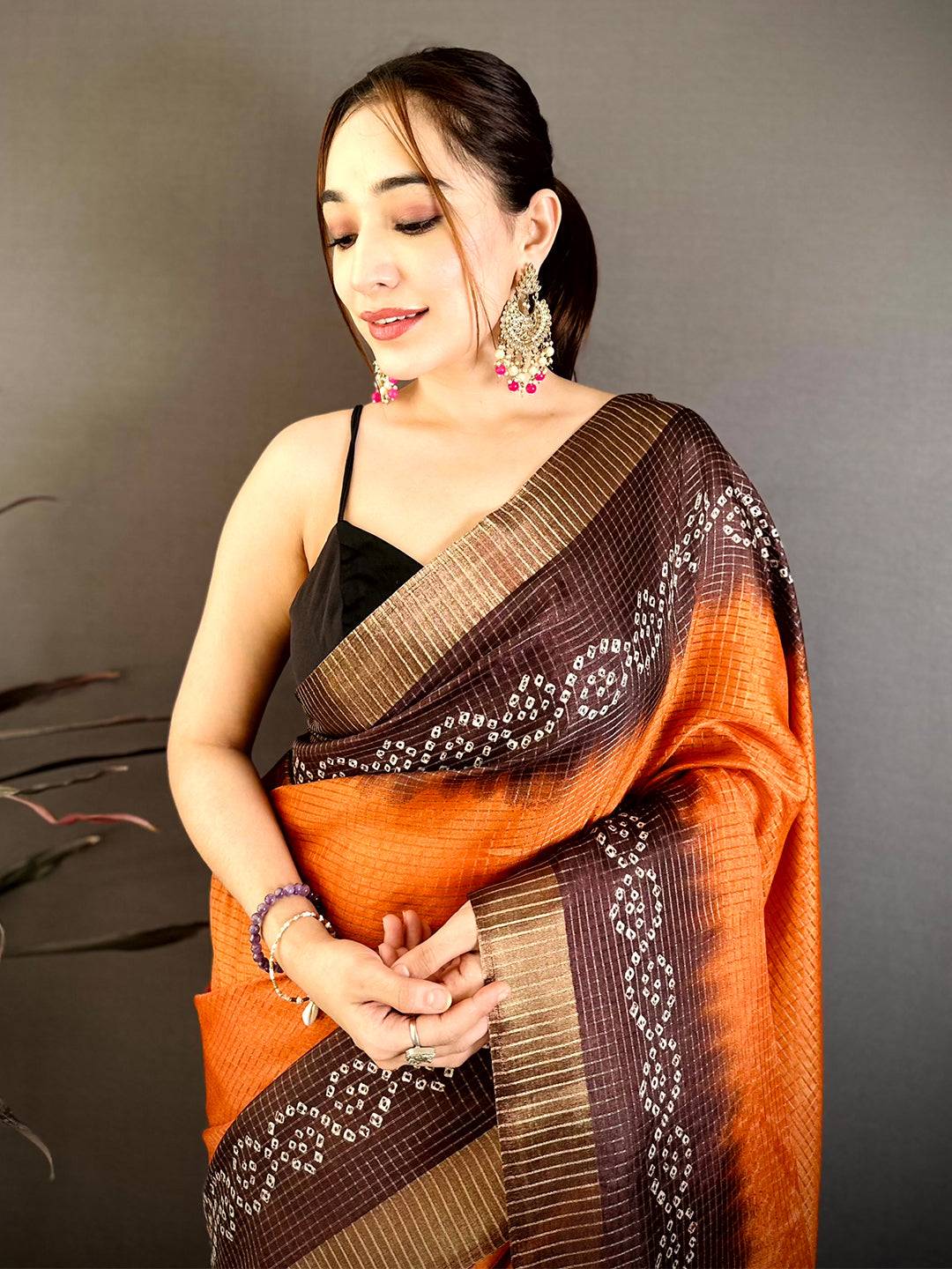 Dusty Orange Tussar Zari Chex Saree