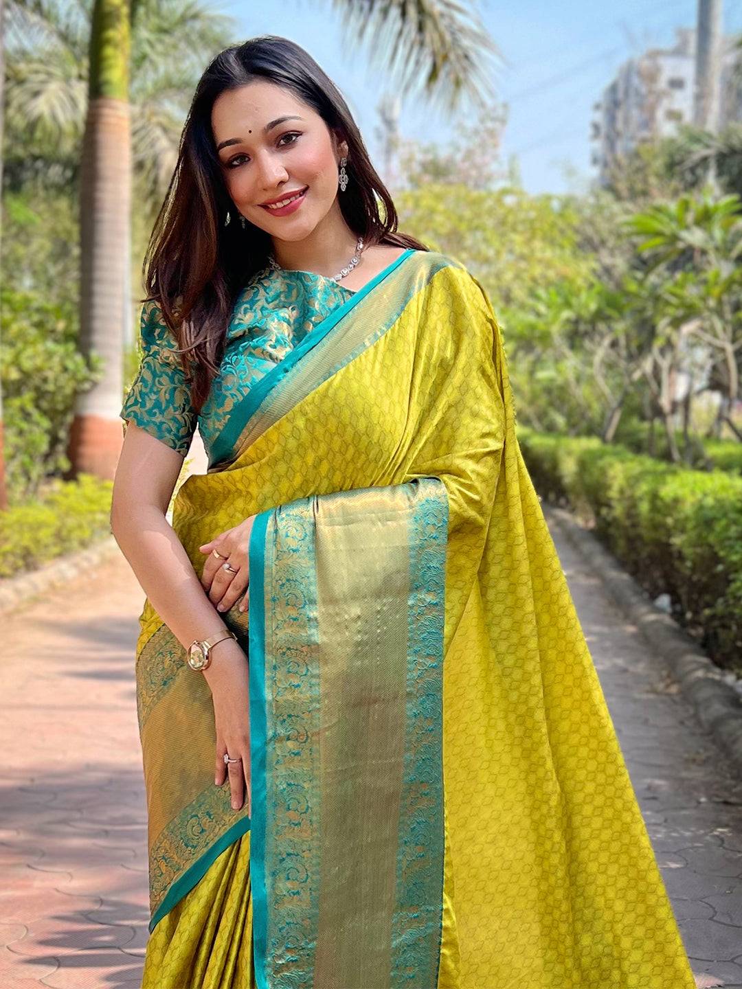 Lime Kanjivaram silk saree with brocade zari blouse