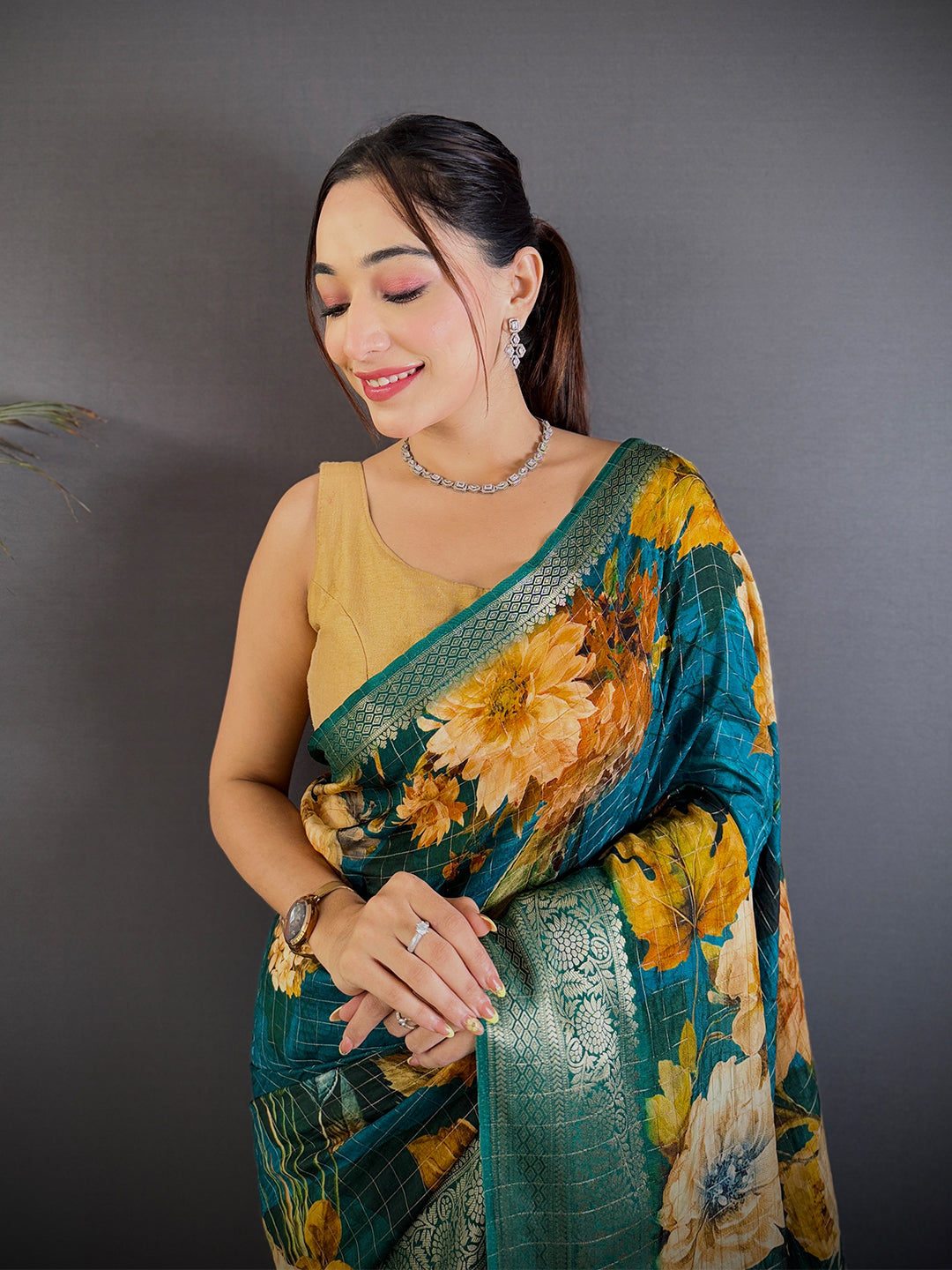 Deep Teal Floral Digital Print Saree