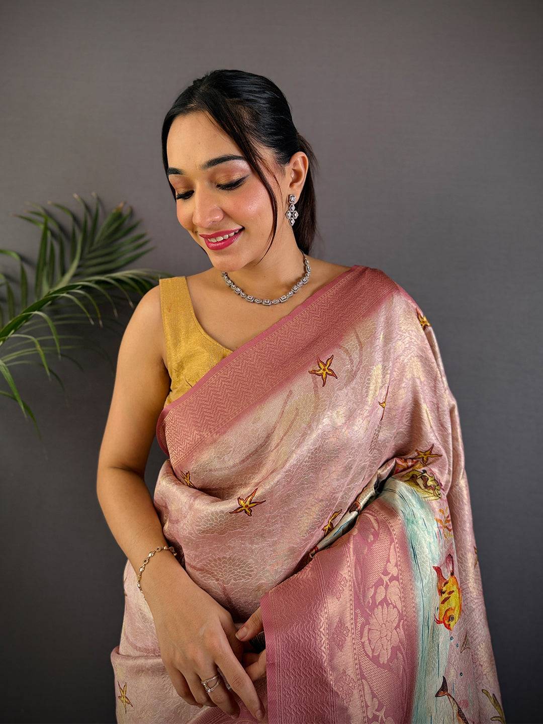 Rust Pink Kanjivaram Silk Digital Print Saree