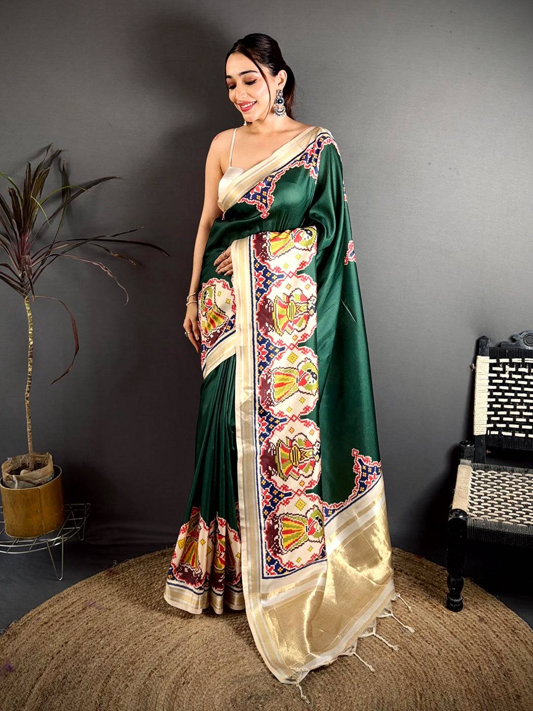 Green Patola Print Soft Kanchi Silk Saree