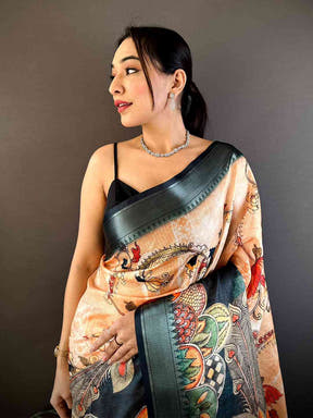 Beige Kota Doriya Zari Weave Digital Print Saree