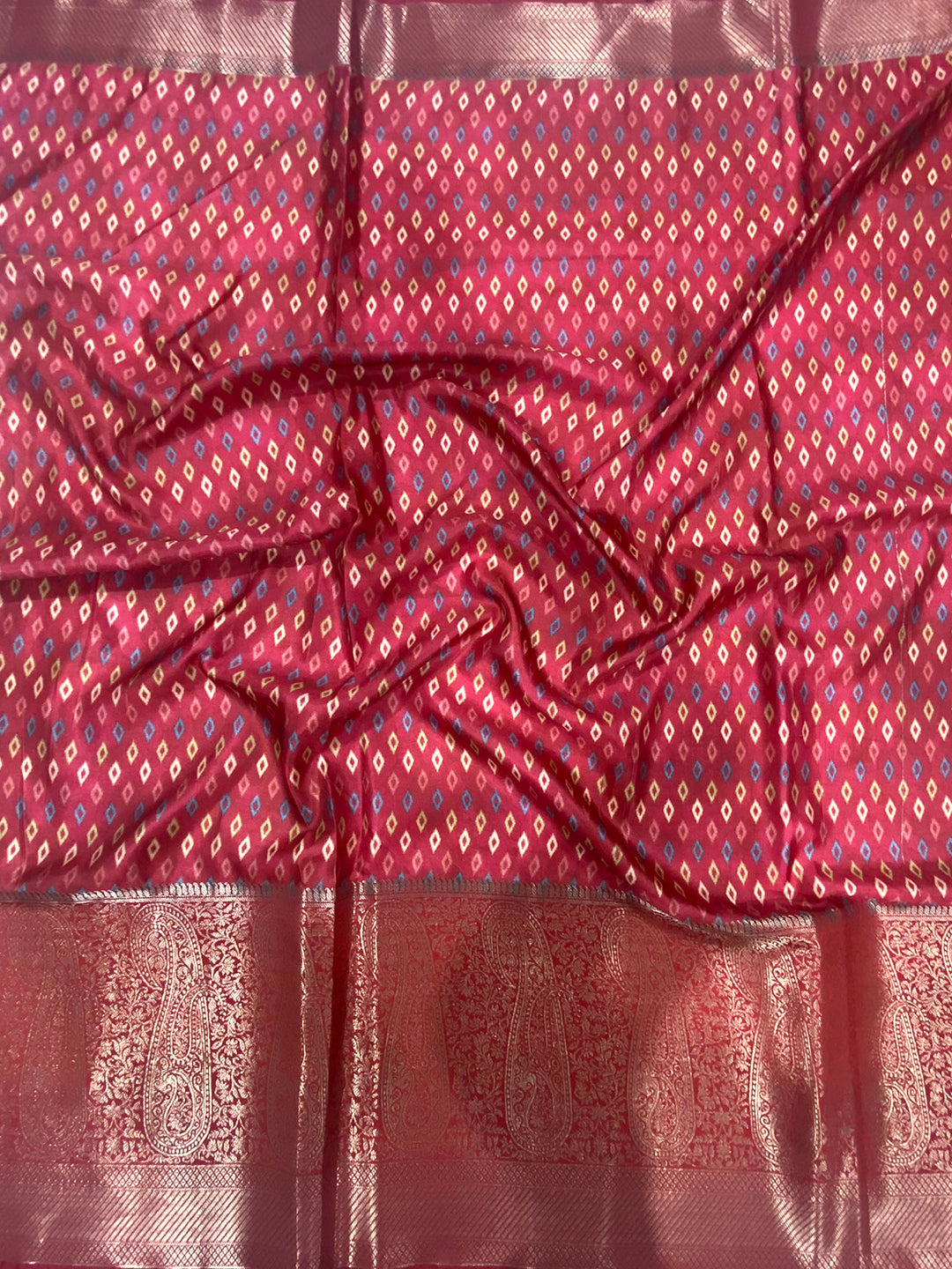 Coral Red Cherry Satin Kalamkari Saree
