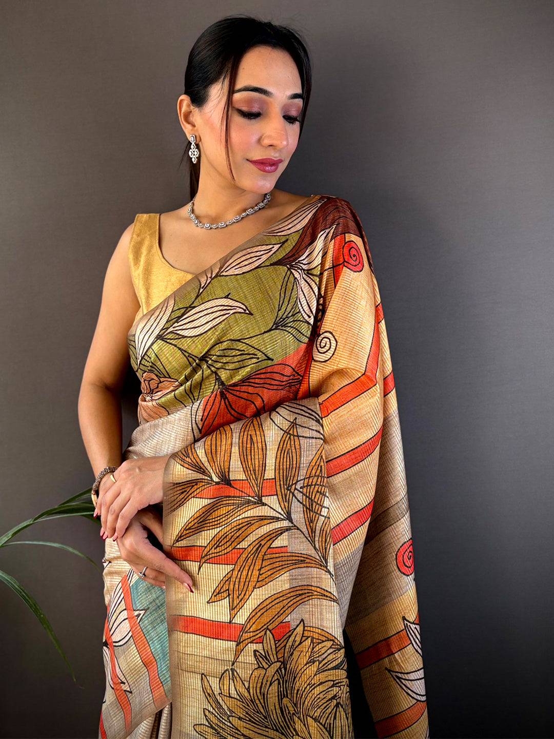 Tan Beige Tussar Silk Floral Prints Saree