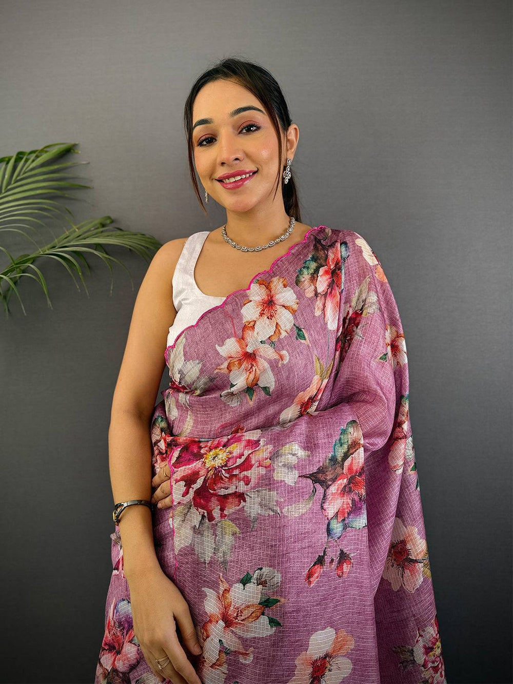 Mauve Pink Kota Floral Digital Cut Work Saree